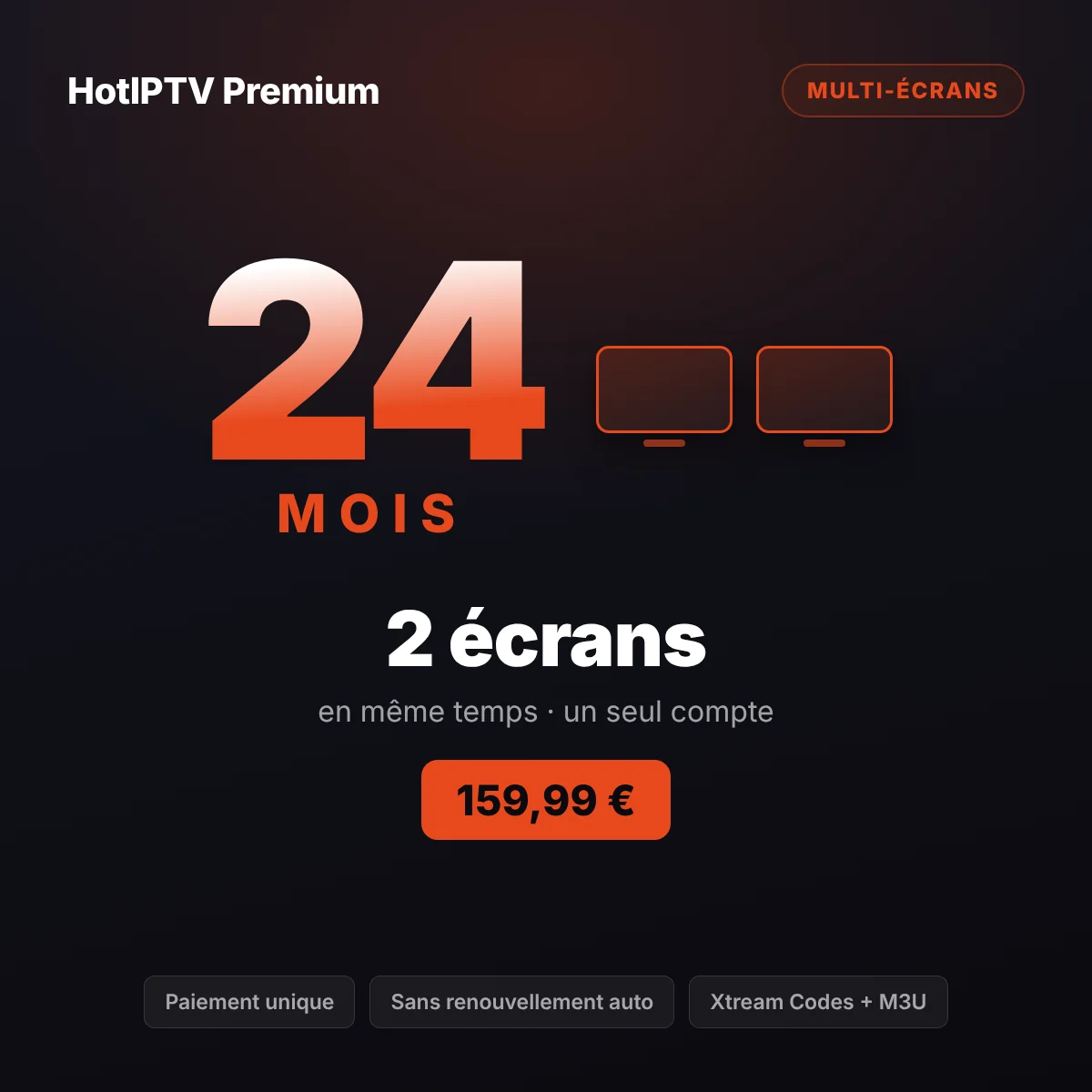 Abonnement IPTV 2 écrans 24 mois — un couple regarde deux programmes HotPlayer à la fois