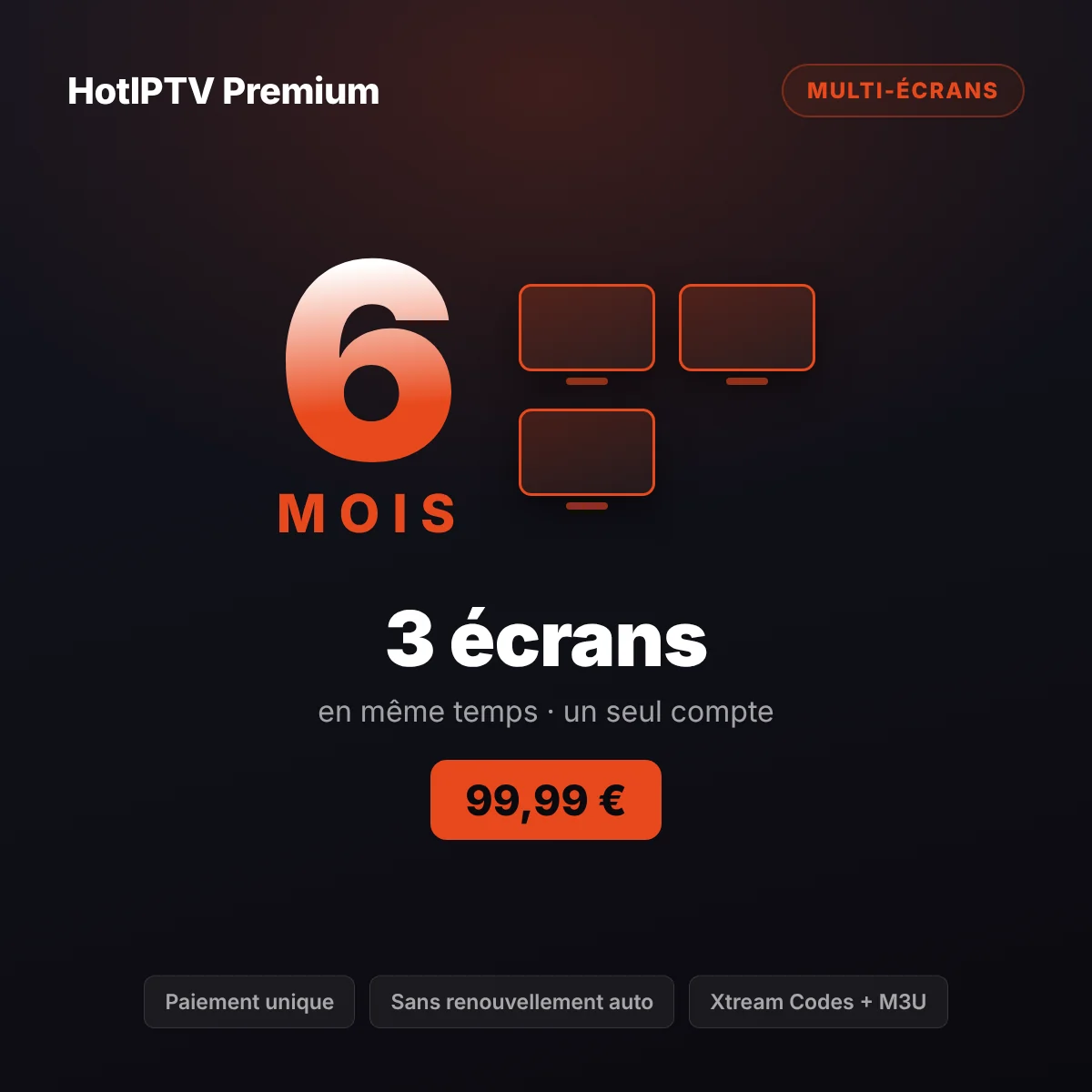 Abonnement IPTV 3 écrans 6 mois — séjour, chambre et tablette sur HotPlayer en même temps