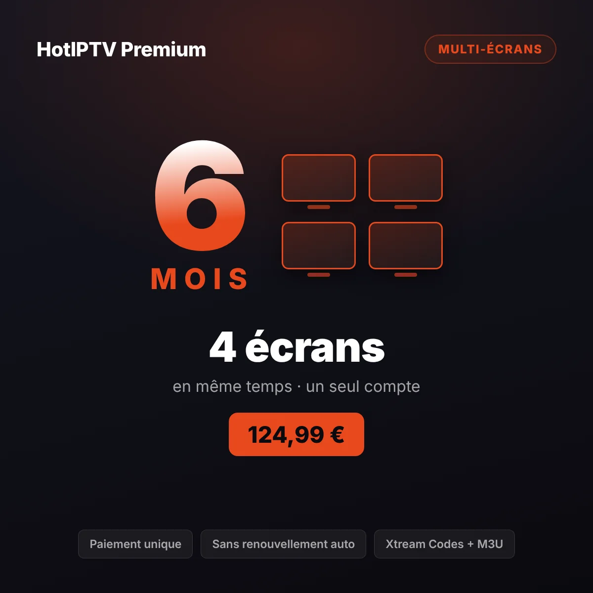 Abonnement IPTV 4 écrans 6 mois — quatre appareils d’une colocation en lecture HotPlayer simultanée
